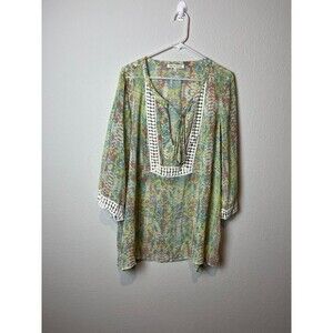 Daniel Rainn Shirt Womens 1X Multicolor Sheer Boho Tunic Crochet Trim